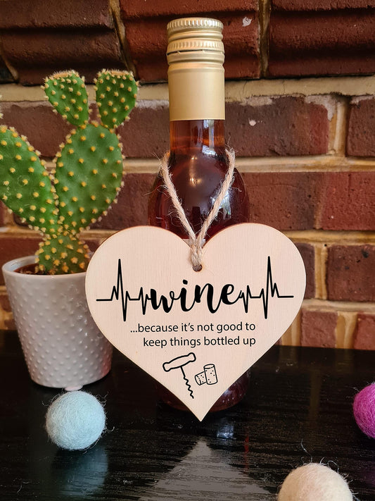 The Plum Penguin Handmade Wooden Hanging Heart Plaque Gift Wine Bottled Up Funny Novelty Friendship Card Alternative Wall Hanger Bottle Decoration