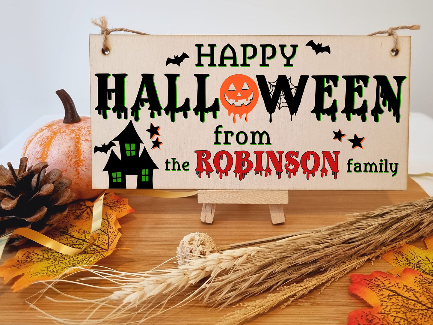 The Family Personalised Happy Halloween Sign Haunted House Handmade Wooden Hanging Wall Plaque Gift Hallway Home Décor