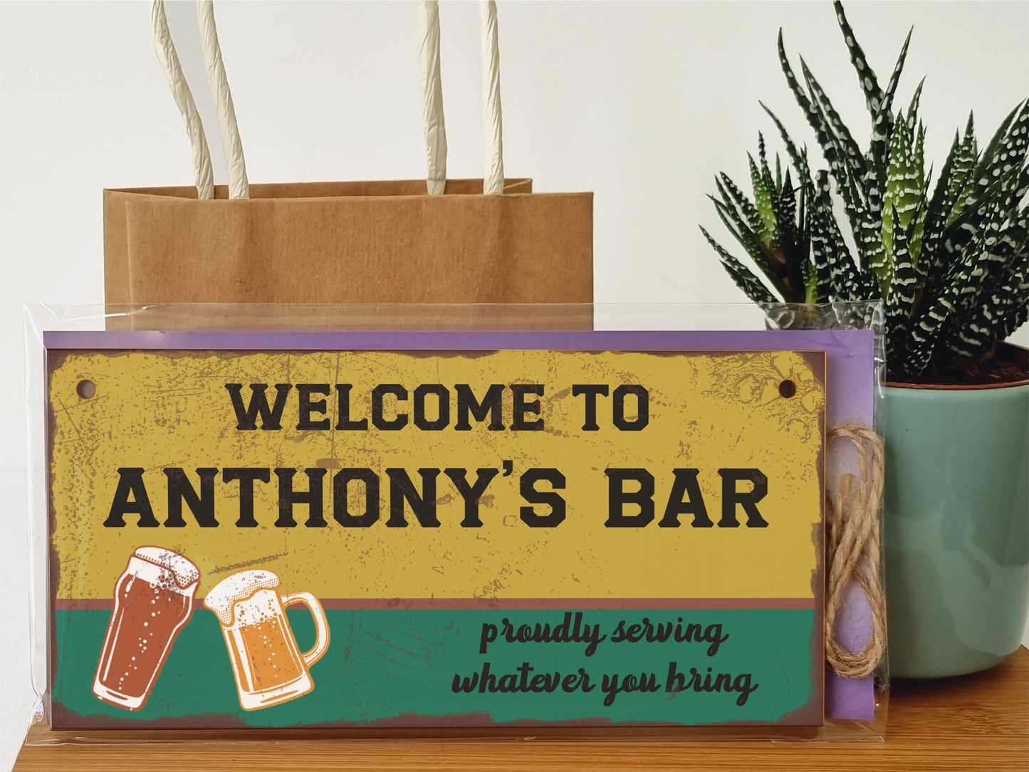 Personalised Welcome to Our Home Bar Funny Handmade Wooden Plaque Home Décor Retro Effect Hanging Sign Gift
