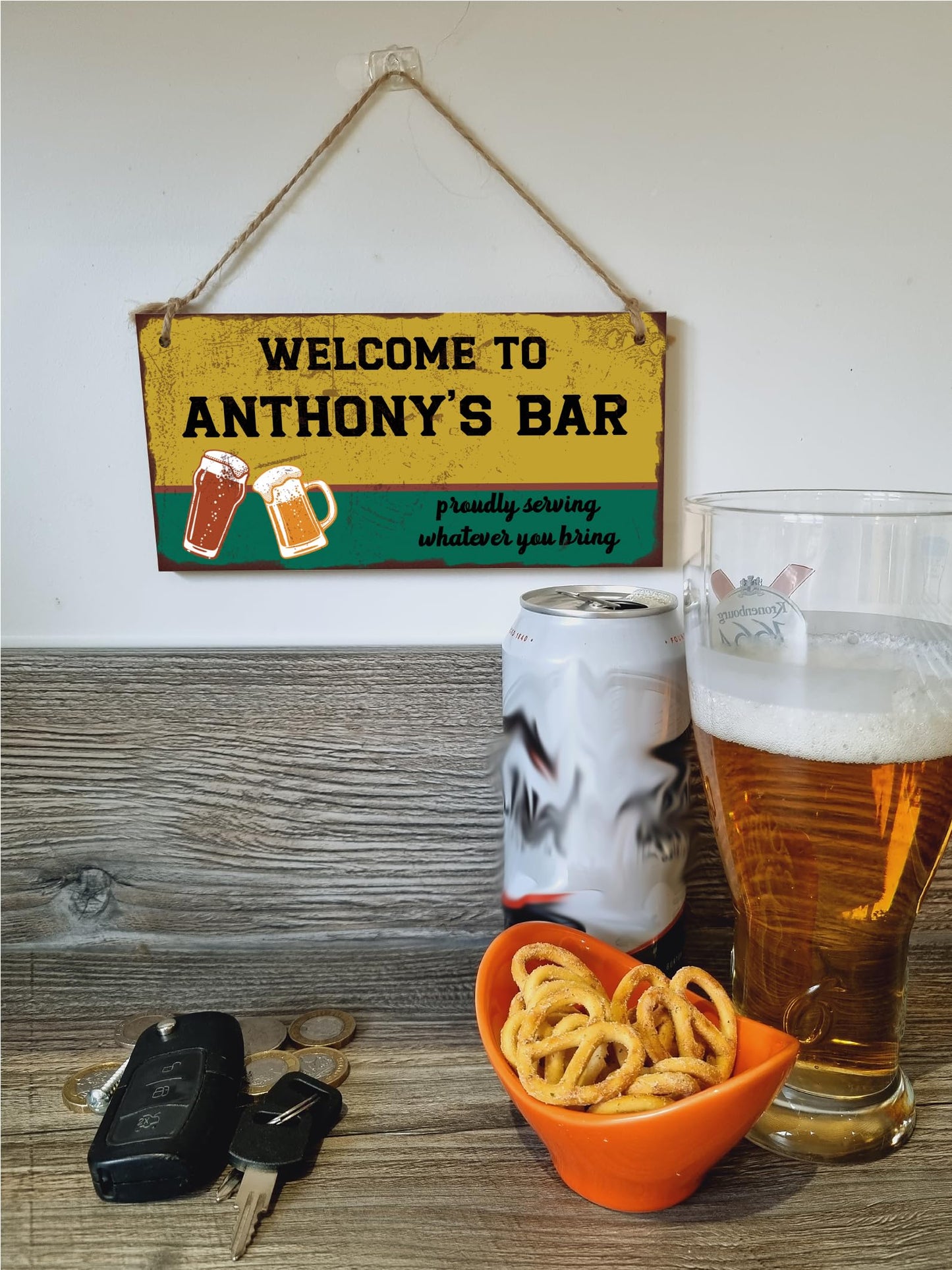 Personalised Welcome to Our Home Bar Funny Handmade Wooden Plaque Home Décor Retro Effect Hanging Sign Gift