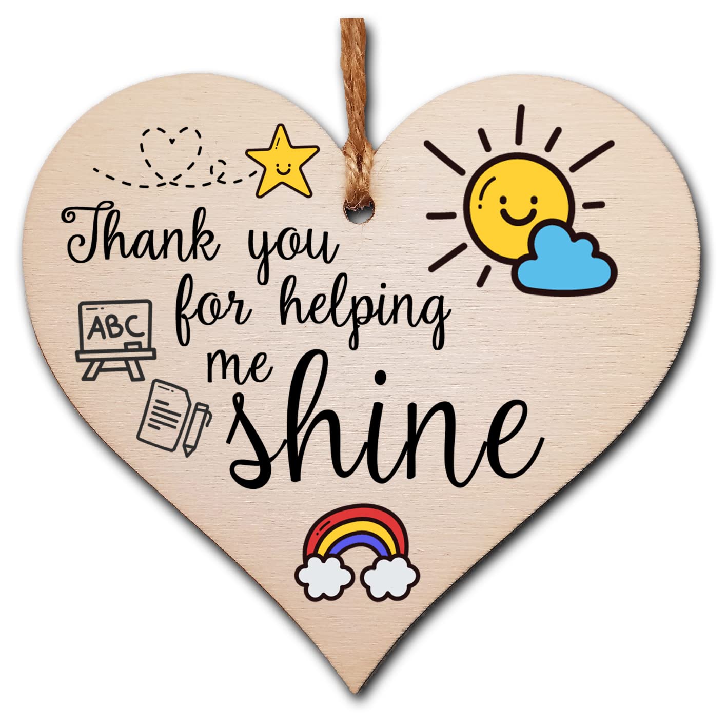 The Plum Penguin Thank You for Helping Me Shine Fun Design Hanging Heart Wooden Decoration End of Term Gift Card Alternative Teacher