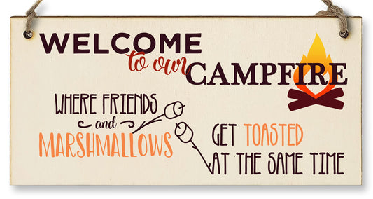 The Plum Penguin Handmade Wooden Hanging Wall Plaque Welcome to our Campfire Friends Roasted Funny Camping Tent Adventure Sign
