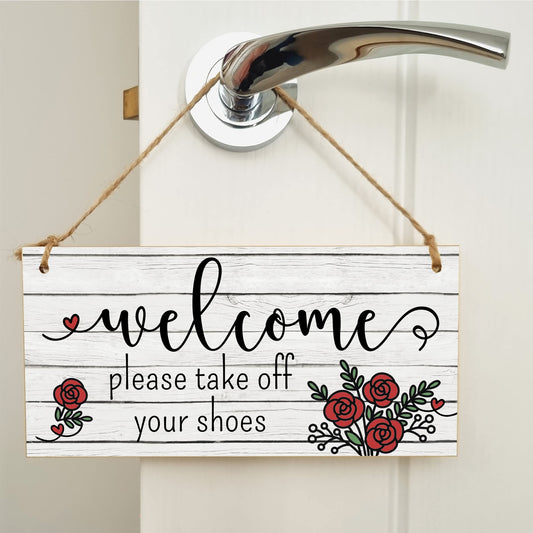 The Plum Penguin Handmade Wooden Hanging Wall Plaque Welcome Please Take Off Shoes Decorative Sign Family Home Hallway