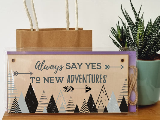 The Plum Penguin Handmade Wooden Hanging Wall Plaque Always Say Yes to New Adventures Motivational Inspirational Decorative Sign Minimalist Design