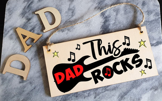 The Plum Penguin Handmade Wooden Hanging Wall Plaque This Dad Rocks Fun Guitar Music Novelty Sign Man Cave Office