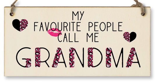 The Plum Penguin Handmade Wooden Hanging Wall Plaque Favourite People Call Me Grandma Fun Leopard Print Gift Sign Mother's Day