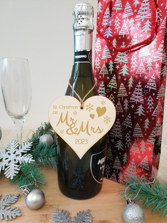 Handmade Christmas Hanging Wooden Heart Plaque Decoration Gift to celebrate 1st xmas together special Gold Mr and Mrs festive bauble