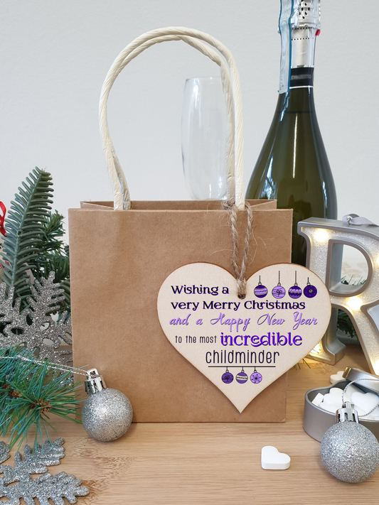 Handmade Wooden Christmas Hanging Heart Plaque Gift Wishing Merry Xmas and happy new year to most incredibel childminder card alternative funky wording