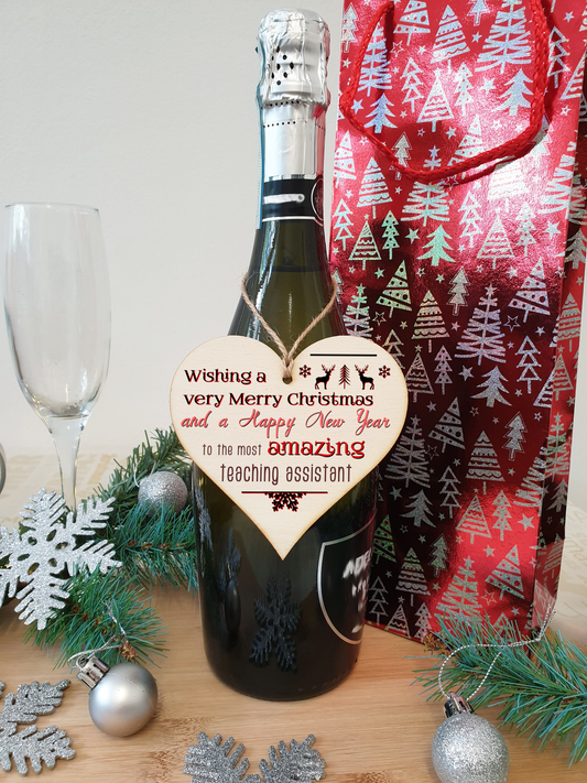 Handmade Wooden Christmas Hanging Heart Plaque Gift Wishing Merry Xmas and happy new year to most amazing teaching assistant card alternative funky wording