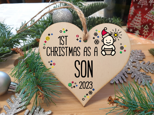 Handmade Wooden Christmas Hanging Heart Plaque Gift 1st Xmas as a Son new baby family celebration tree decoration present for family