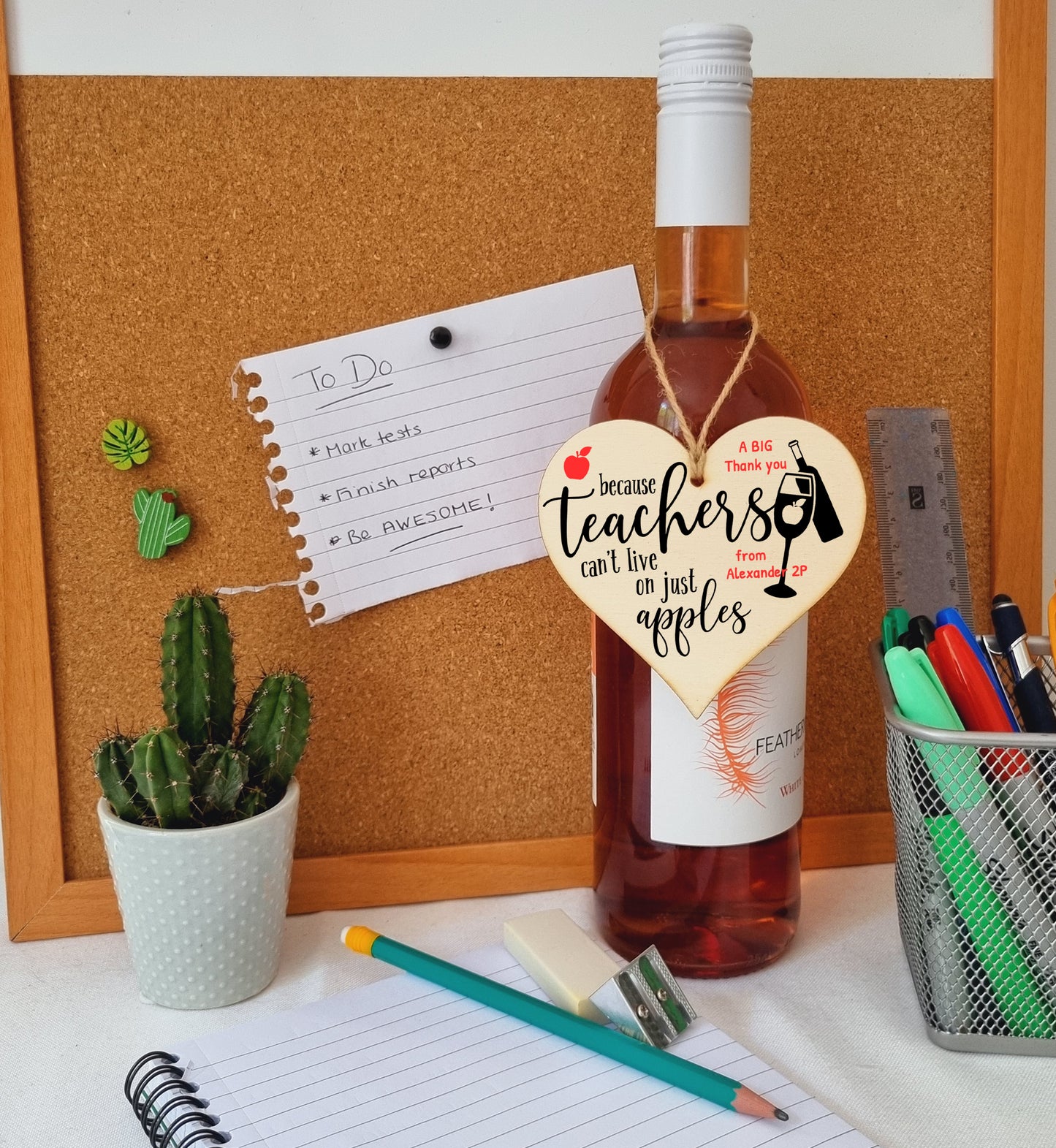 Personalised Teachers Can't Live On Apples Wine Funny Thank You Hanging Heart Wooden End of Term Gift Card Alternative Teacher