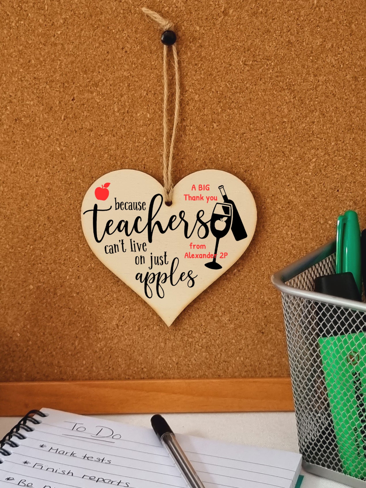 Personalised Teachers Can't Live On Apples Wine Funny Thank You Hanging Heart Wooden End of Term Gift Card Alternative Teacher