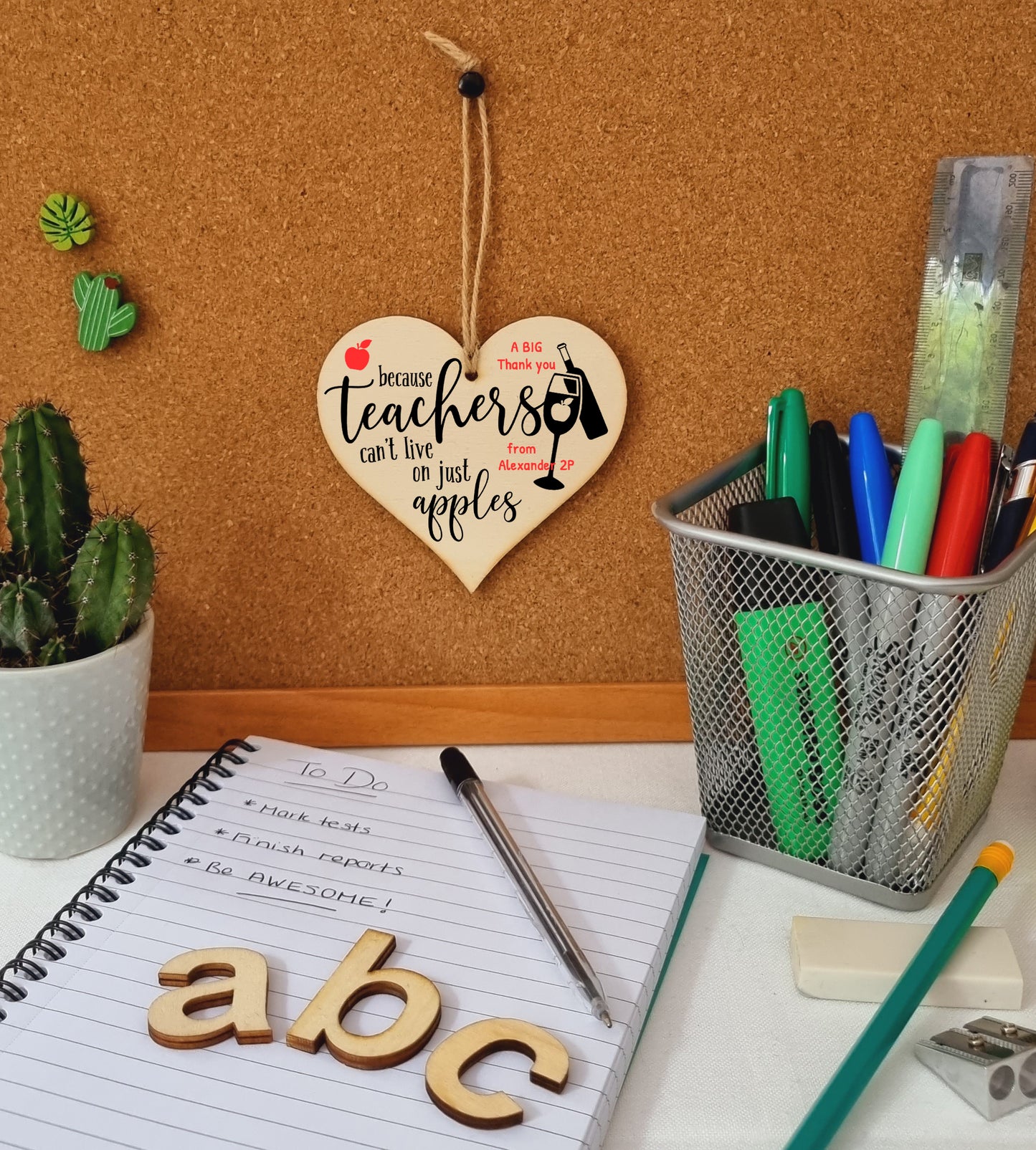 Personalised Teachers Can't Live On Apples Wine Funny Thank You Hanging Heart Wooden End of Term Gift Card Alternative Teacher