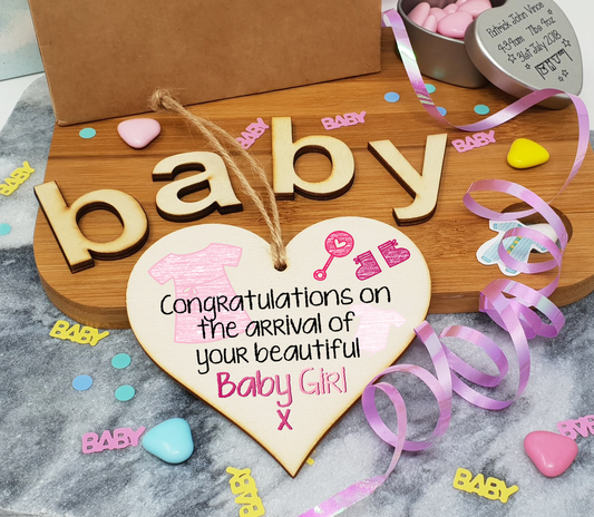Handmade Wooden Hanging Heart Plaque Gift Congratulations on the arrival of your beautiful baby girl new baby present new parents pink nursery wall decoration crayon style