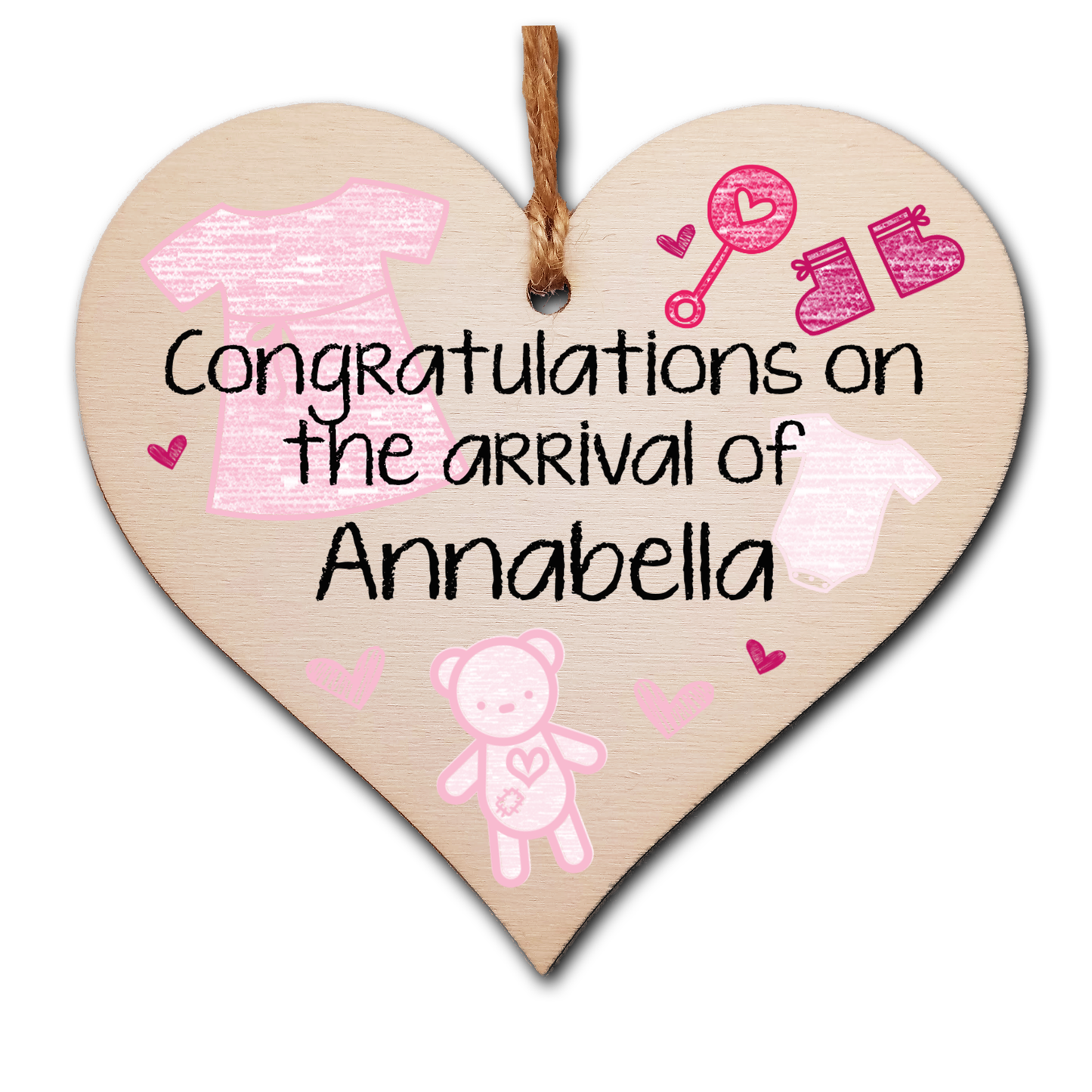 Personalised Handmade Wooden Hanging Heart Plaque Gift Congratulations on the arrival of new baby new parents present pink nursery wall decoration crayon style