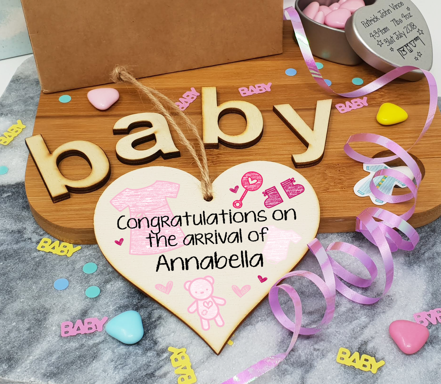 Personalised Handmade Wooden Hanging Heart Plaque Gift Congratulations on the arrival of new baby new parents present pink nursery wall decoration crayon style