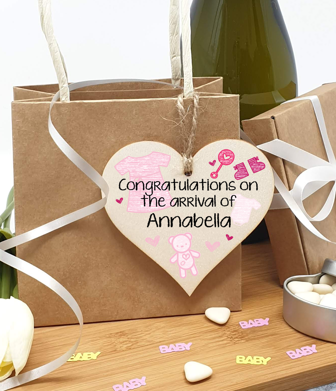 Personalised Handmade Wooden Hanging Heart Plaque Gift Congratulations on the arrival of new baby new parents present pink nursery wall decoration crayon style