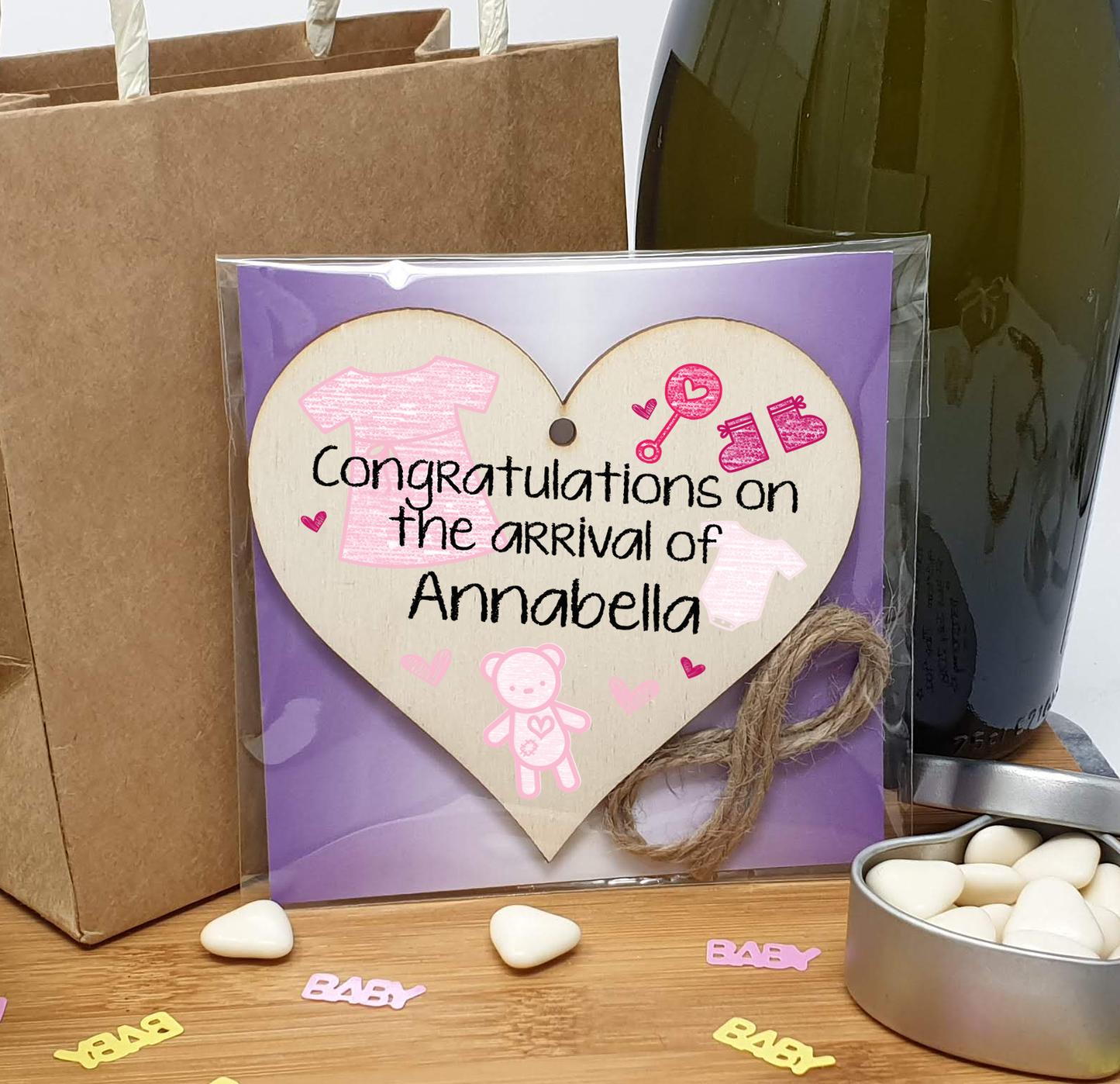 Personalised Handmade Wooden Hanging Heart Plaque Gift Congratulations on the arrival of new baby new parents present pink nursery wall decoration crayon style