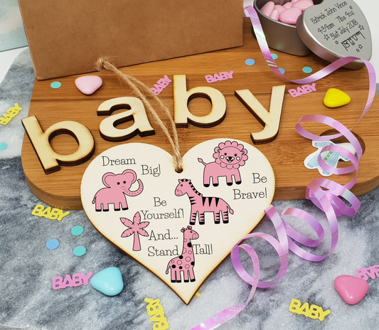 Handmade Wooden Hanging Heart Plaque Gift Be Brave Dream Big Be Yourself And Stand Tall new baby present new parents pink safari animals nursery wall decoration
