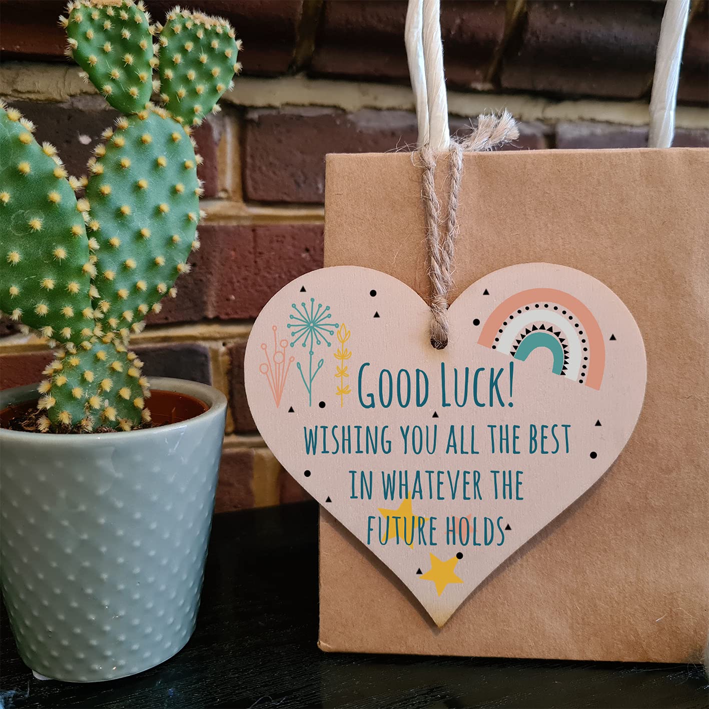 The Plum Penguin Handmade Wooden Hanging Heart Plaque Gift Good Luck Best Future Leaving Retirement Present Colleague Neighbour Card Alternative