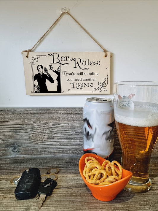 The Plum Penguin Handmade Wooden Hanging Wall Plaque Bar Rules Still Standing Need a Drink Funny Novelty Sign Home Bar