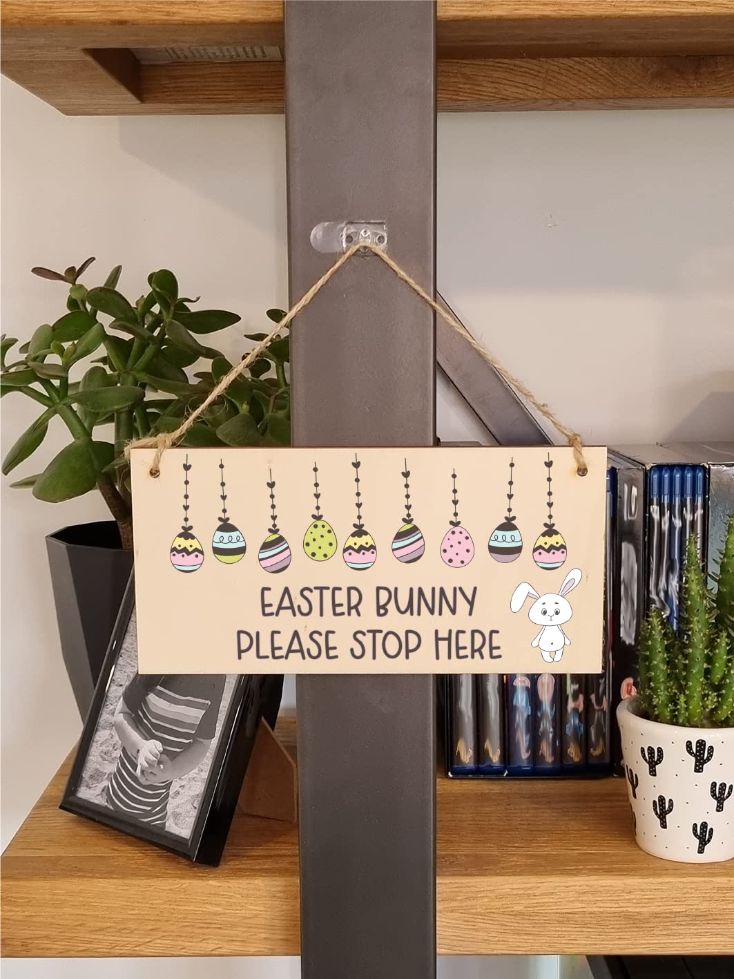 The Plum Penguin Handmade Wooden Hanging Wall Plaque Easter Bunny Please Stop Here Cute Fun Easter Sign Garden Kitchen Decoration
