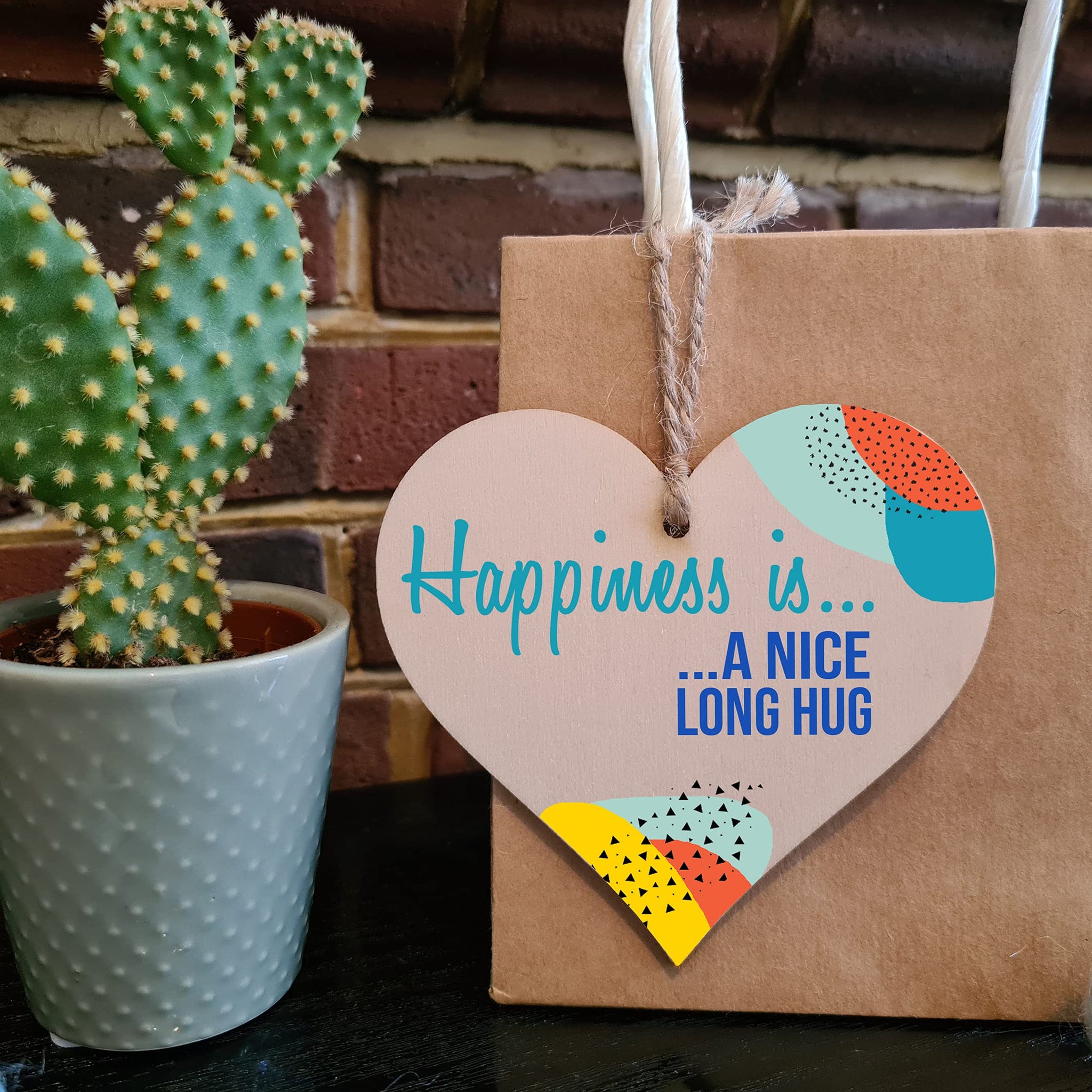 The Plum Penguin Handmade Wooden Hanging Heart Plaque Gift Happiness is HugInspirational Wall Hanger Card Alternative Friendship Family