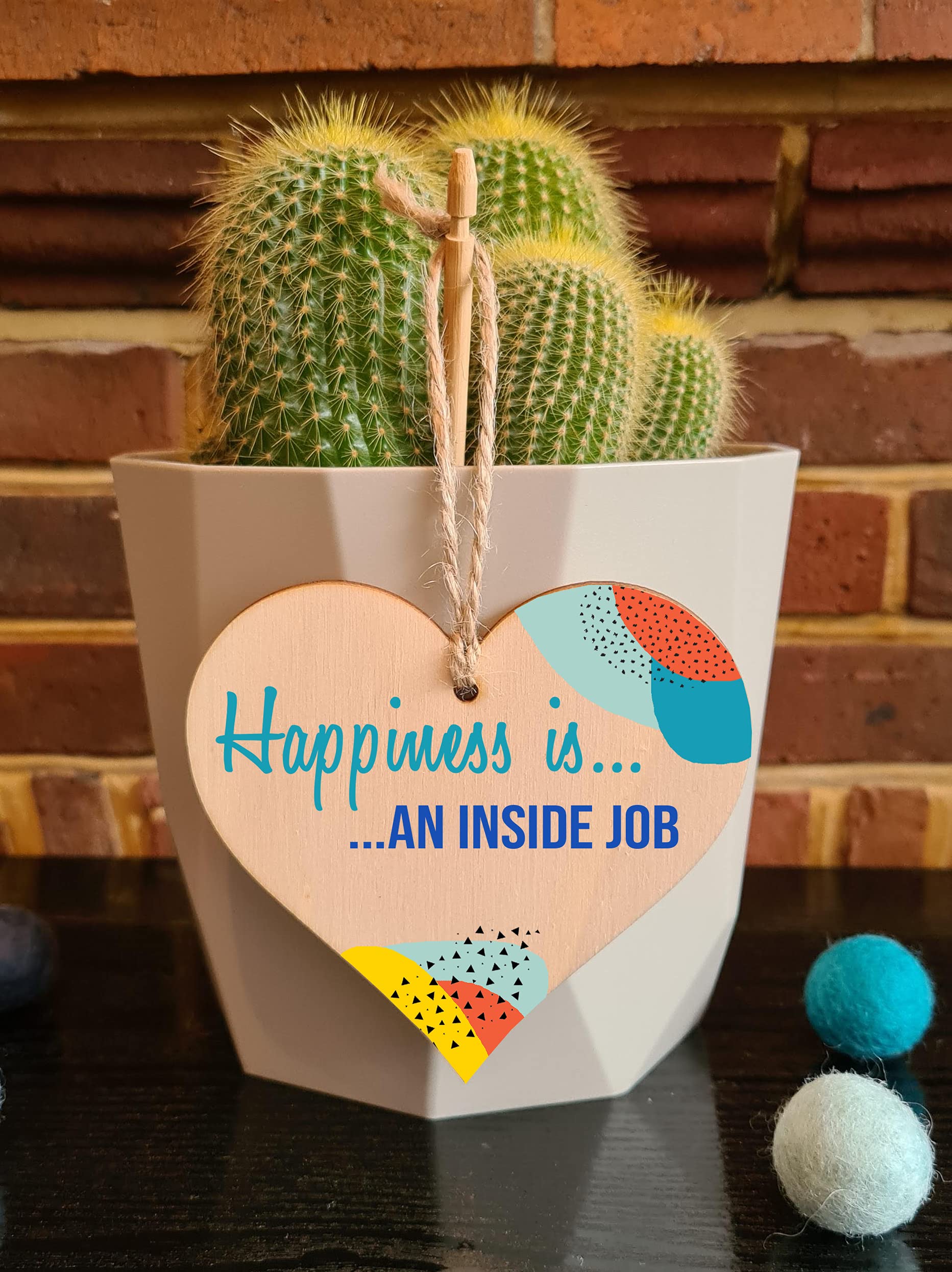 The Plum Penguin Handmade Wooden Hanging Heart Plaque Gift Happiness is an Inside Job Inspirational Wall Hanger Card Alternative Friendship Family