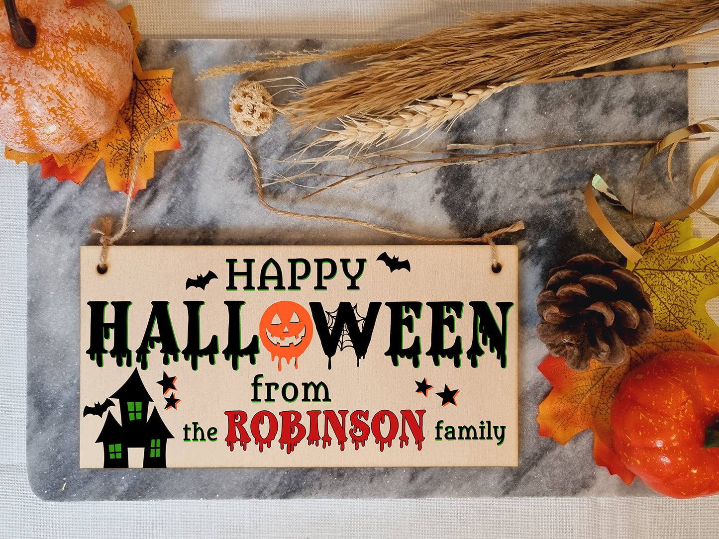 The Family Personalised Happy Halloween Sign Haunted House Handmade Wooden Hanging Wall Plaque Gift Hallway Home Décor