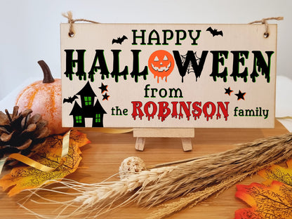 The Family Personalised Happy Halloween Sign Haunted House Handmade Wooden Hanging Wall Plaque Gift Hallway Home Décor