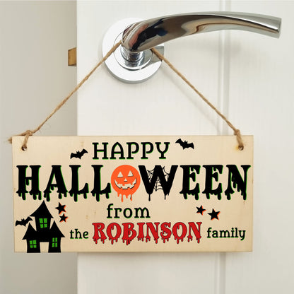 The Family Personalised Happy Halloween Sign Haunted House Handmade Wooden Hanging Wall Plaque Gift Hallway Home Décor