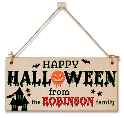 The Family Personalised Happy Halloween Sign Haunted House Handmade Wooden Hanging Wall Plaque Gift Hallway Home Décor