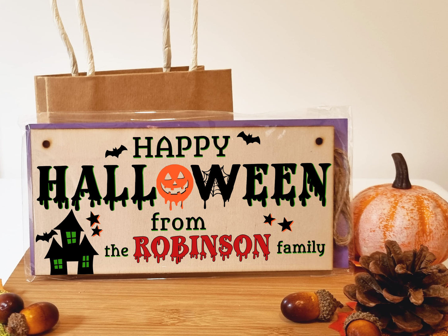 The Family Personalised Happy Halloween Sign Haunted House Handmade Wooden Hanging Wall Plaque Gift Hallway Home Décor