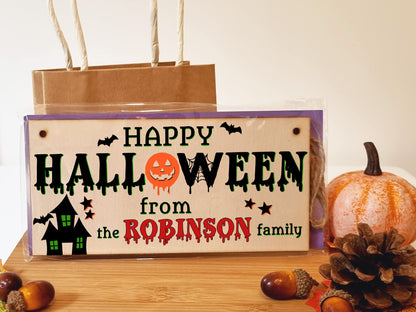 The Family Personalised Happy Halloween Sign Haunted House Handmade Wooden Hanging Wall Plaque Gift Hallway Home Décor