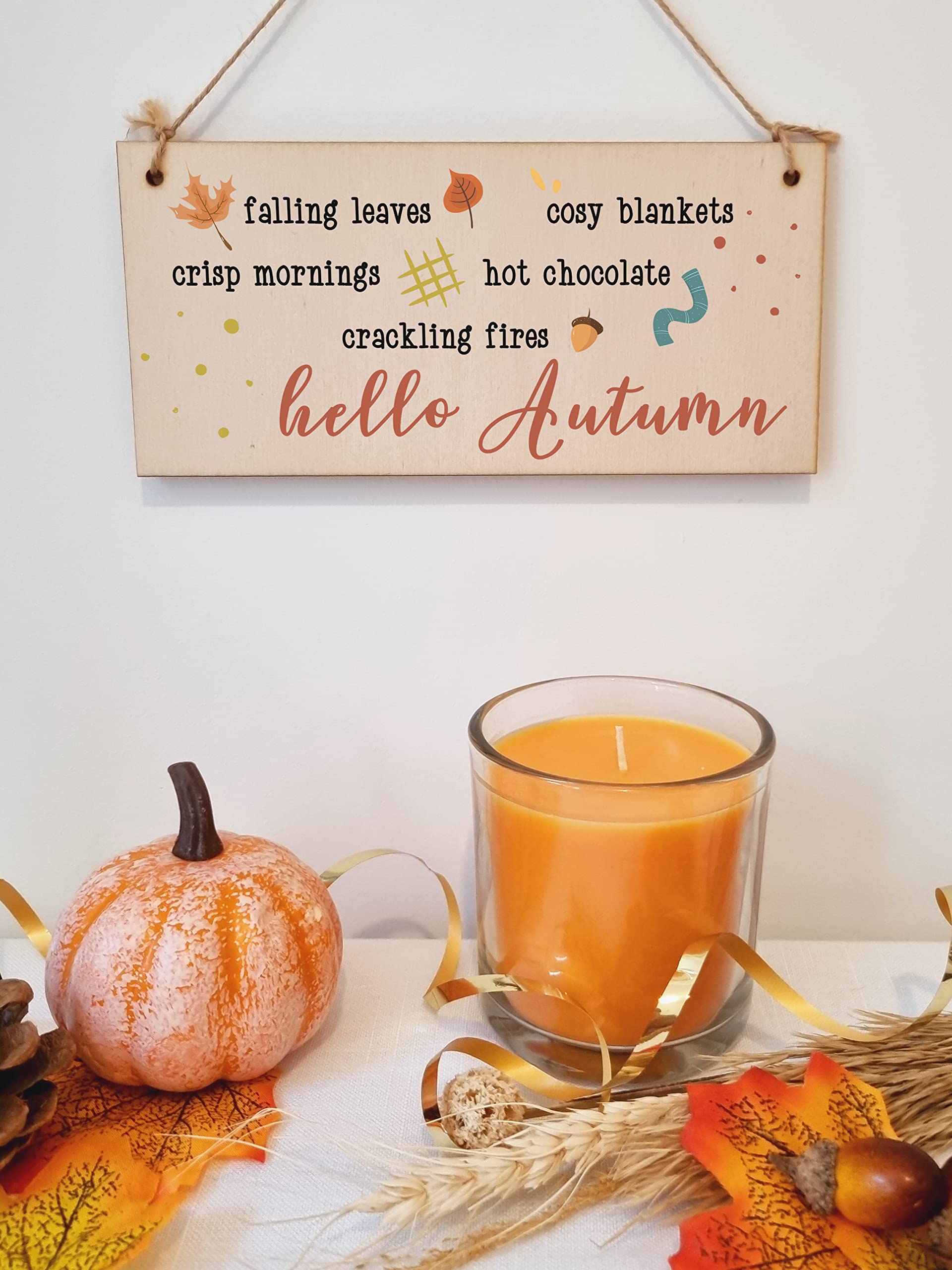 hello Autumn Seasonal Falling Leaves Cosy Decorative Sign Handmade Wooden Hanging Wall Plaque Gift Hallway Home Décor