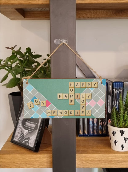 The Plum Penguin Handmade Wooden Hanging Wall Plaque Happy Home Family Memories Love Joy Scrabble Decorative Sign Family