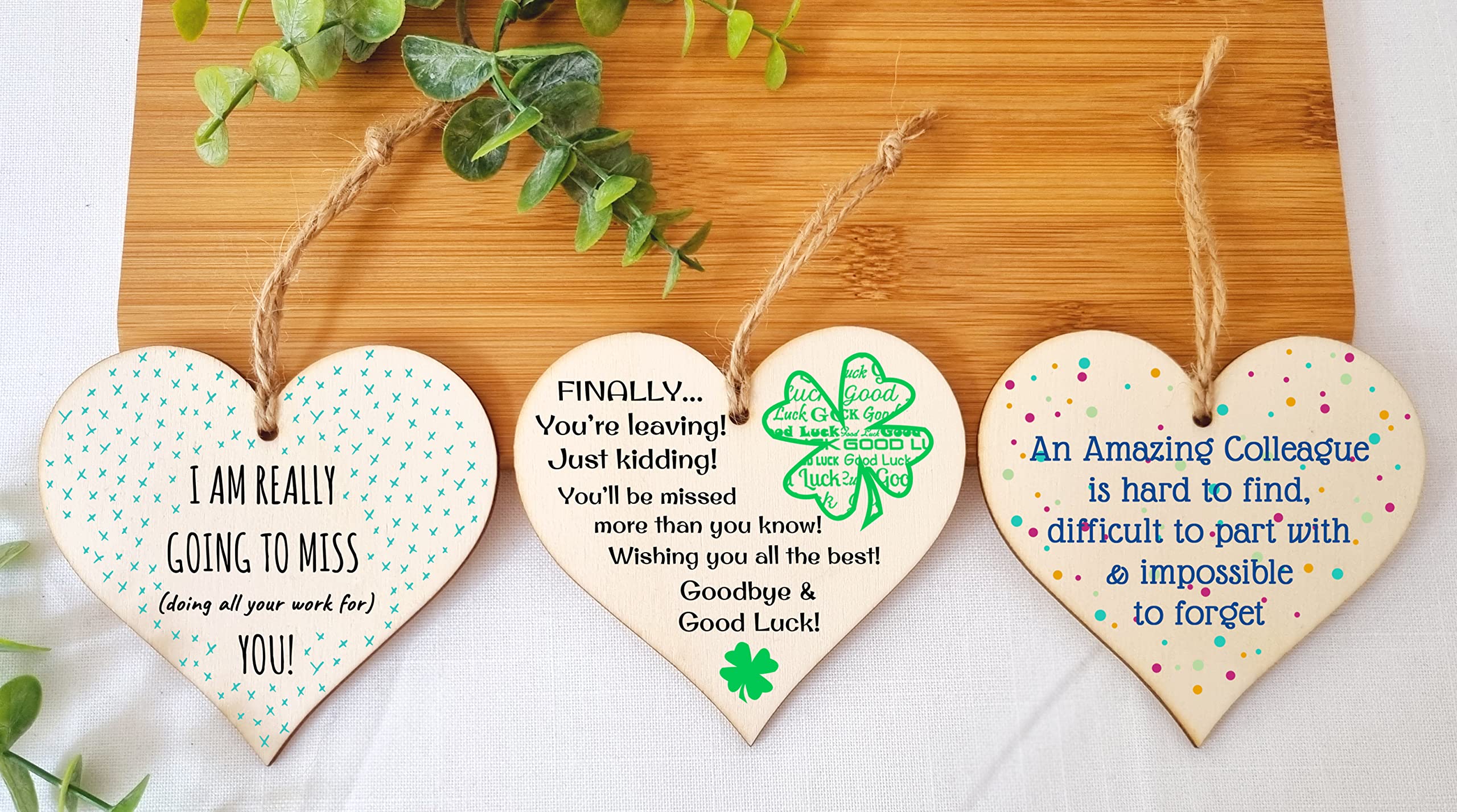 The Plum Penguin Set of 3 Hanging Decorations Wooden Hearts Leaving Card Gift Office | Amazing Colleague Impossible to Forget | Finally Leaving