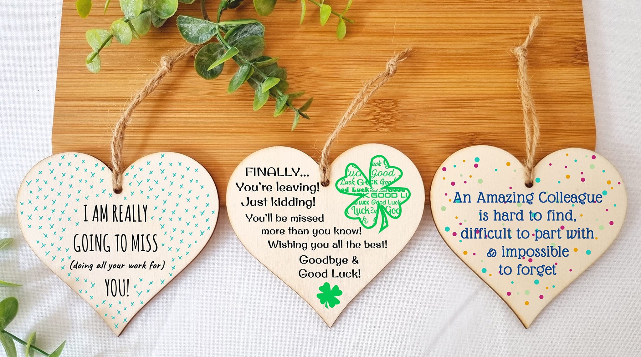 The Plum Penguin Set of 3 Hanging Decorations Wooden Hearts Leaving Card Gift Office | Amazing Colleague Impossible to Forget | Finally Leaving