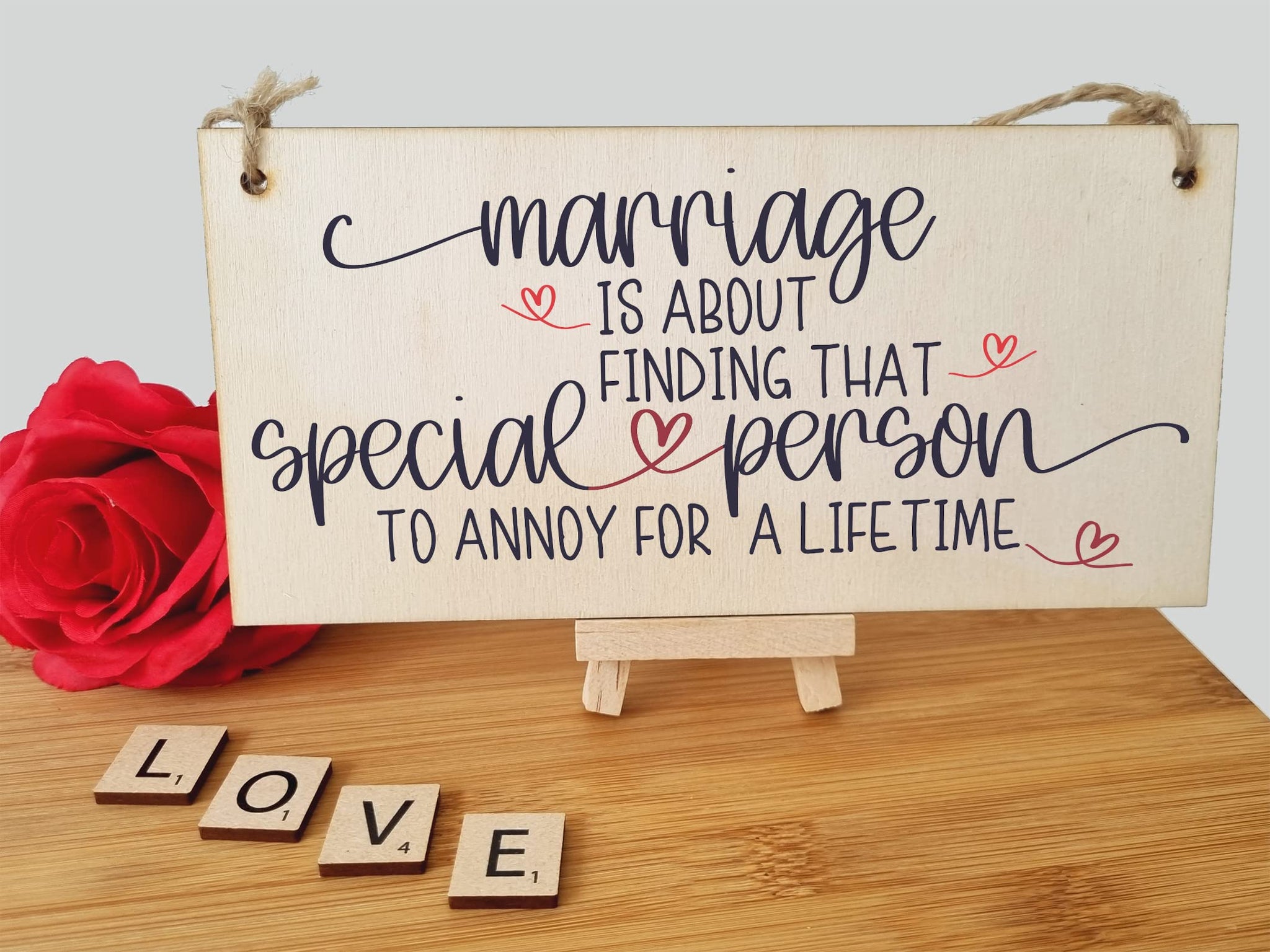 The Plum Penguin Handmade Wooden Hanging Wall Plaque Happy Marriage Special Person Annoy Lifetime Decorative Sign Wedding Gift