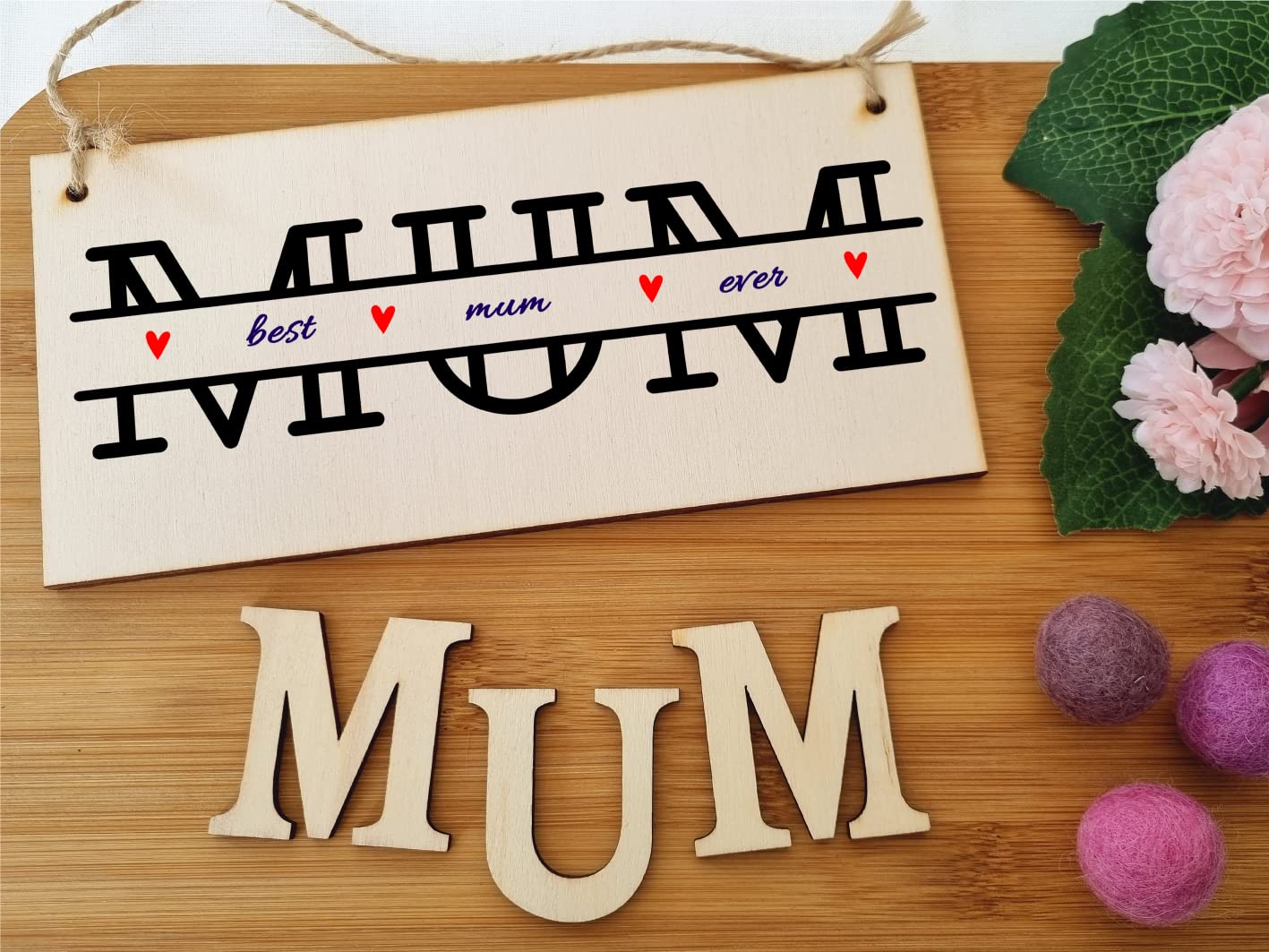 The Plum Penguin Handmade Wooden Hanging Wall Plaque Best Mum Ever Monogram Style Gift Sign Mother's Day