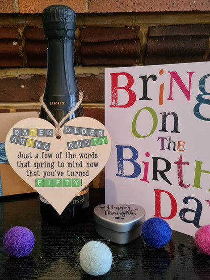 The Plum Penguin Handmade Wooden Hanging Heart Plaque Gift Happy Birthday Fifty Funny Wordle Just a few words that spring to mind