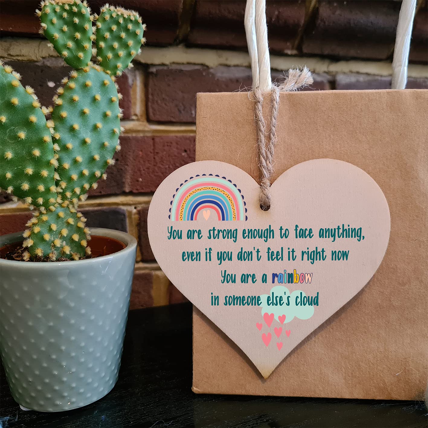 The Plum Penguin Handmade Wooden Hanging Heart Plaque Gift Strong Enough Rainbow in Someones Cloud Inspirational Wall Hanger Card Alternative Friendship