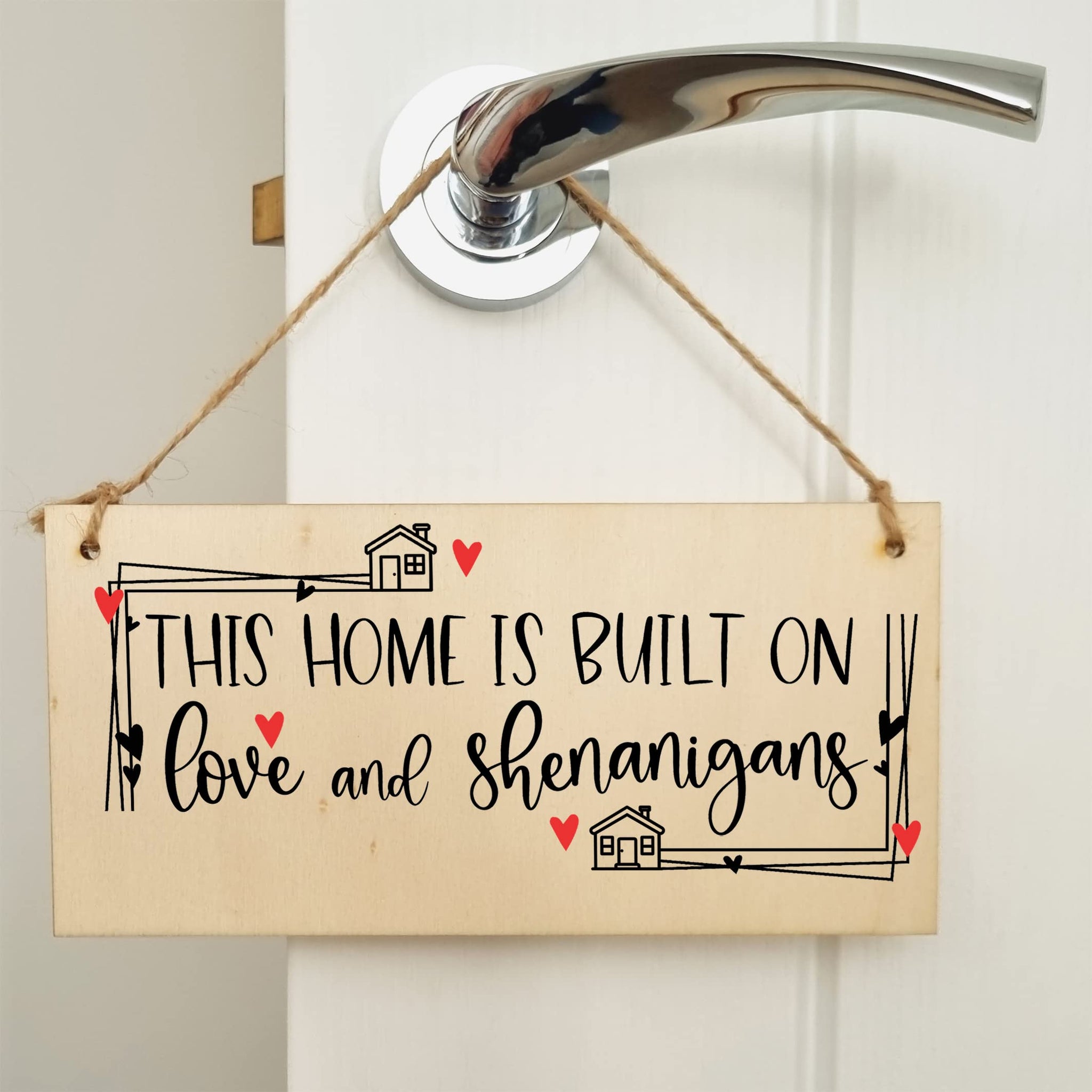 The Plum Penguin Handmade Wooden Hanging Wall Plaque Home Built on Love and Shenanigans Fun Sentimental Decorative Sign Family