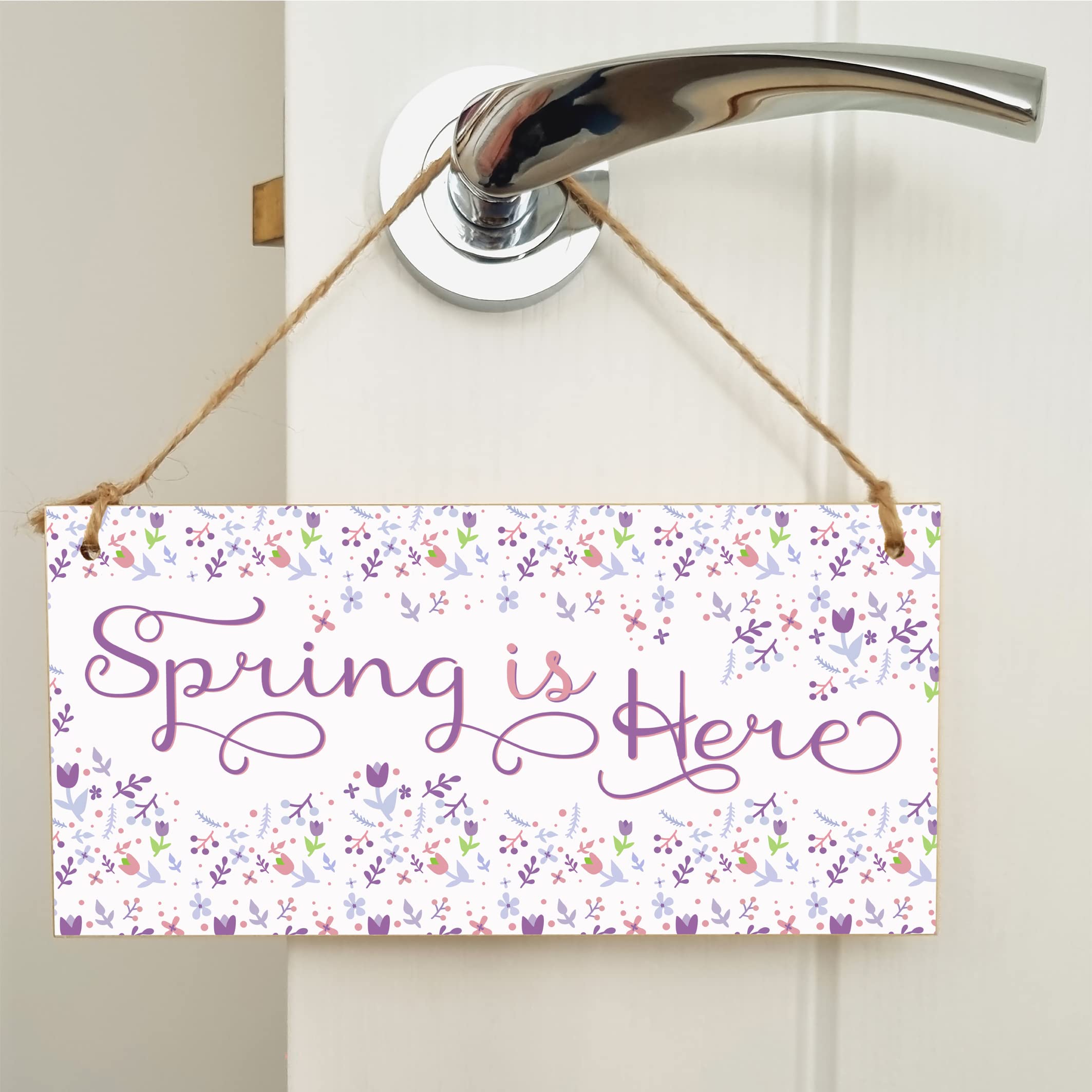 The Plum Penguin Handmade Wooden Hanging Wall Plaque Spring is Here Cute Fun Easter Sign Springtime Garden Kitchen Decoration