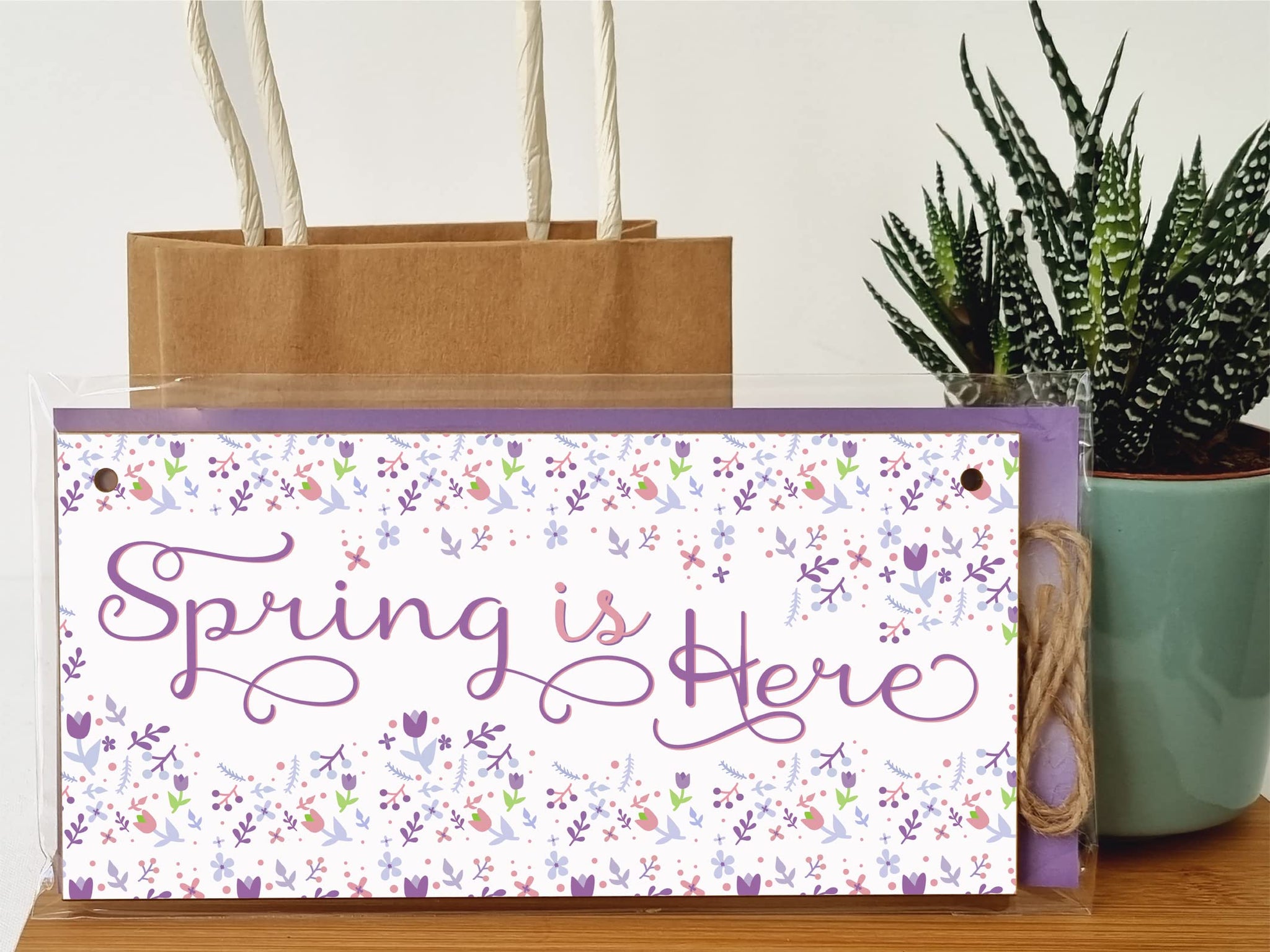 The Plum Penguin Handmade Wooden Hanging Wall Plaque Spring is Here Cute Fun Easter Sign Springtime Garden Kitchen Decoration