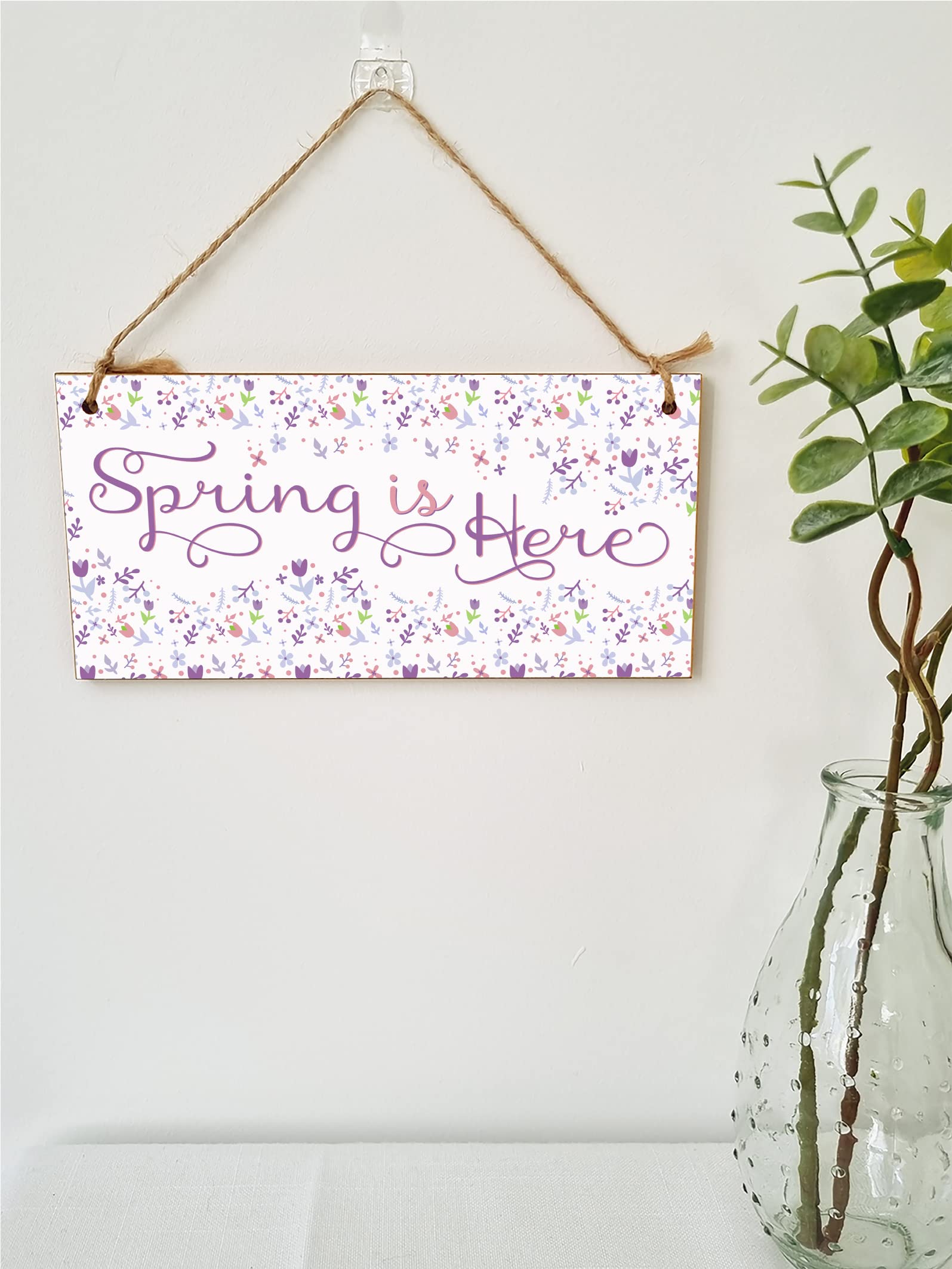 The Plum Penguin Handmade Wooden Hanging Wall Plaque Spring is Here Cute Fun Easter Sign Springtime Garden Kitchen Decoration