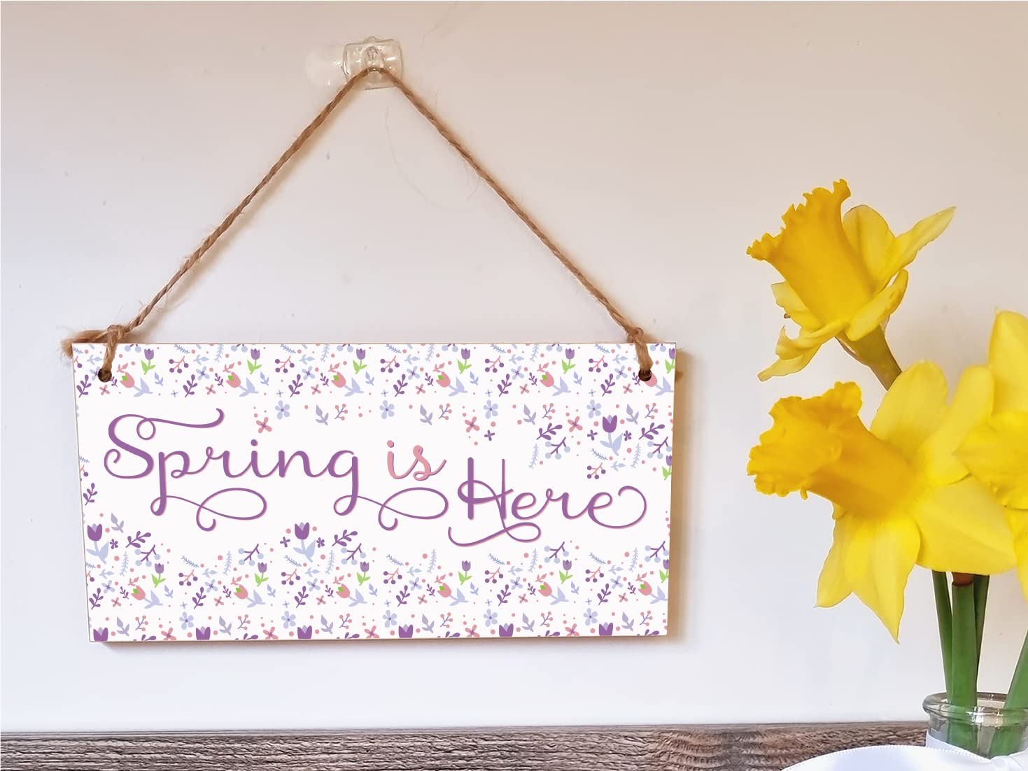 The Plum Penguin Handmade Wooden Hanging Wall Plaque Spring is Here Cute Fun Easter Sign Springtime Garden Kitchen Decoration