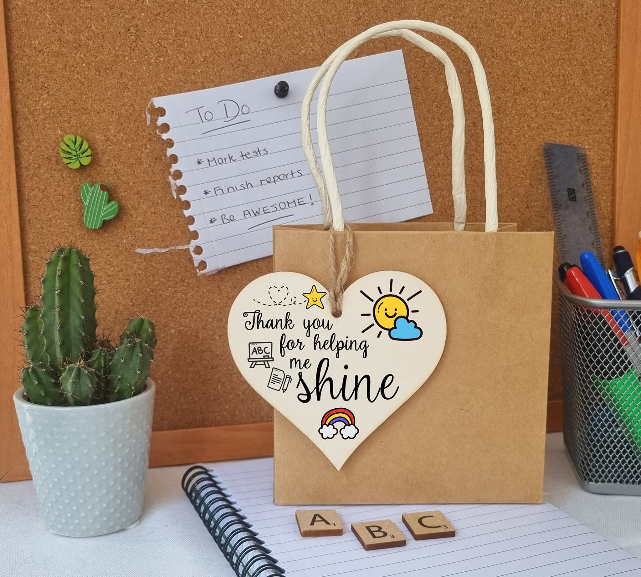 The Plum Penguin Thank You for Helping Me Shine Fun Design Hanging Heart Wooden Decoration End of Term Gift Card Alternative Teacher