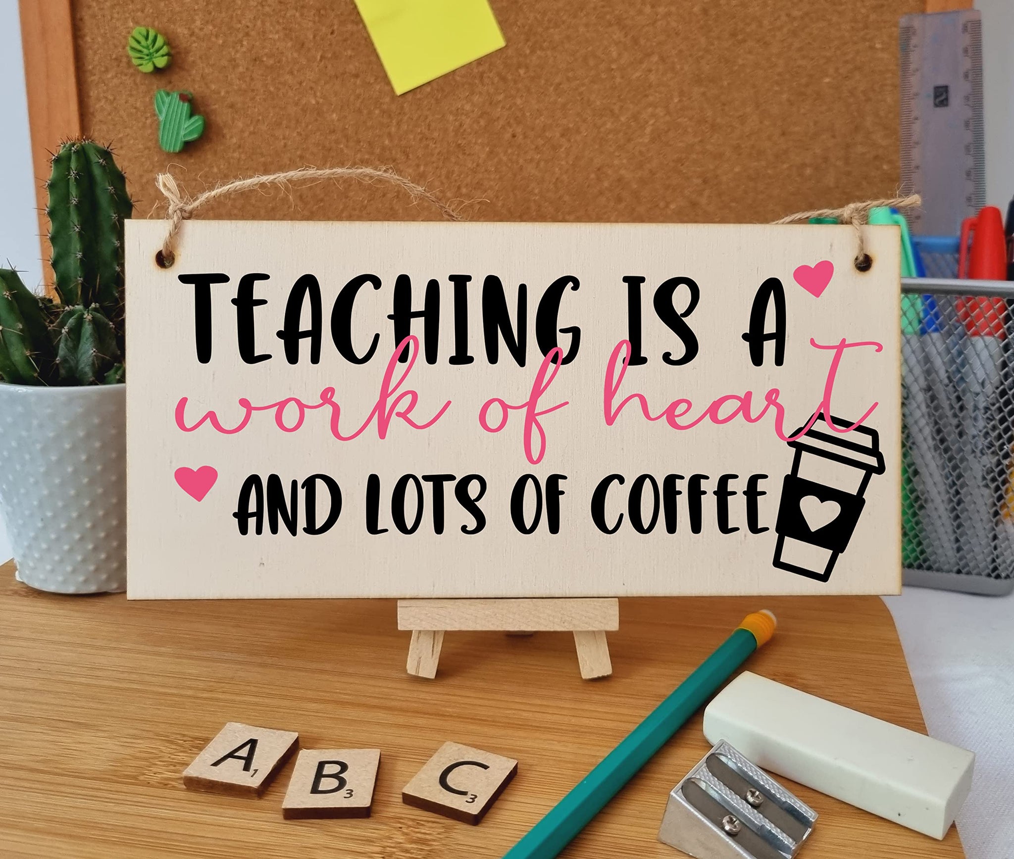 The Plum Penguin Teaching Work of Heart and Coffee Funny Handmade Wooden Hanging Wall Plaque Gift Teacher Teaching Assistant End of Term