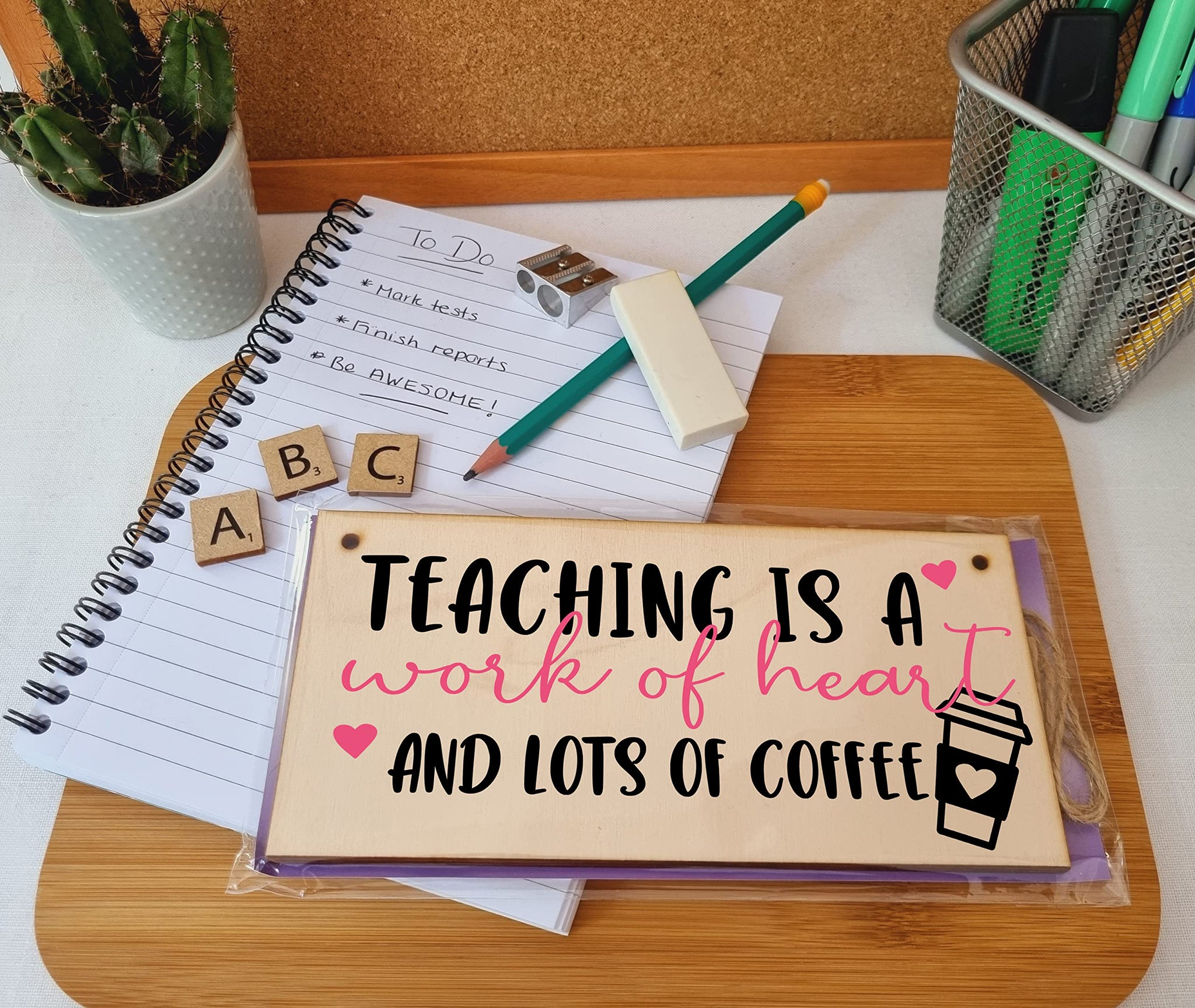 The Plum Penguin Teaching Work of Heart and Coffee Funny Handmade Wooden Hanging Wall Plaque Gift Teacher Teaching Assistant End of Term